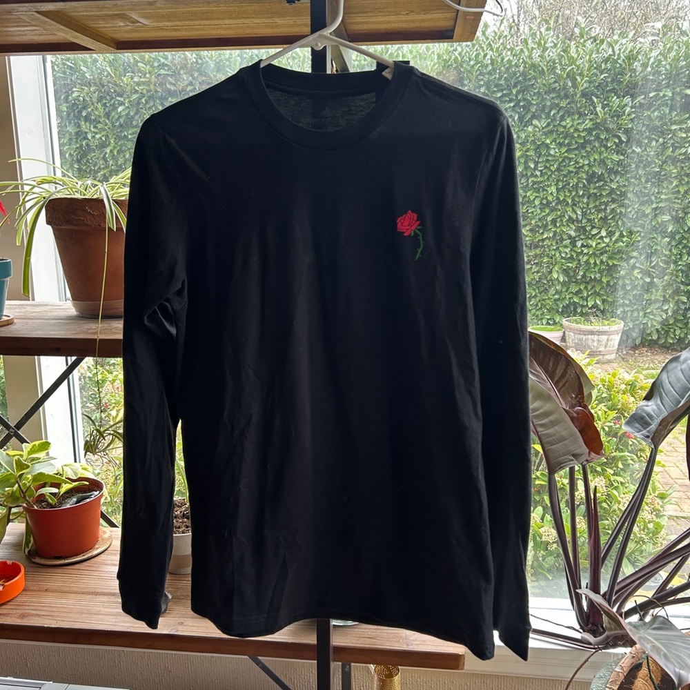 Adidas Men's Black Long-Sleeve Tee with Red Rose